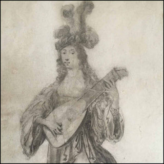 [Music Iconography, Lute] Quast, Pieter Jansz. (1606 - 1647) Elegant lady playing the lute - ORIGINAL 1641 DRAWING