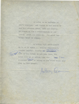 Quinn, Anthony. (1915–2001) Typed Statement Signed about Acting