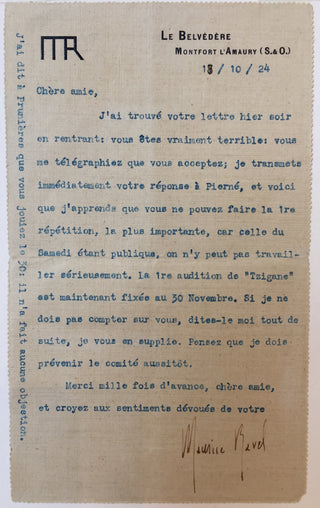 Ravel, Maurice. (1875–1937) [D'Aranyi, Jelly. (1893–1966)] Typed Letter Signed to d'Aranyi about the Paris Premiere of "Tzigane"