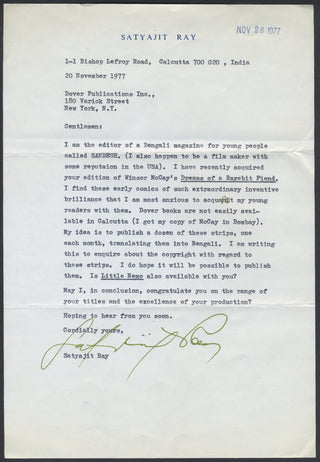 Ray, Satyajit. (1921–1992) Typed Letter Signed