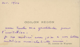 Redon, Odilon. (1840–1916) "I will happily return to your beautiful musical performances this year" - Printed Visiting Card with Autograph Note