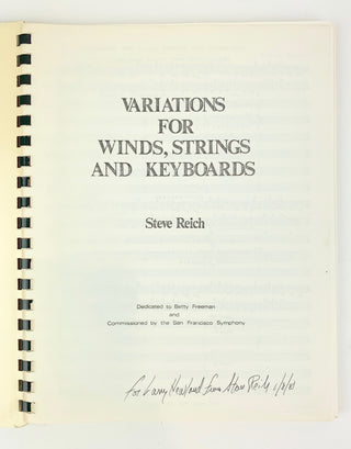 Reich, Steve. (b. 1936) "Variations for Winds, Strings, and Keyboards" - Signed to Assistant Conductor of the New York Philharmonic.