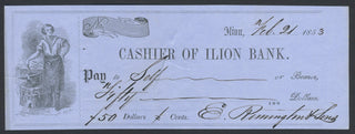 Remington, Eliphalet. (1793–1861) Signed 1853 Bank Check