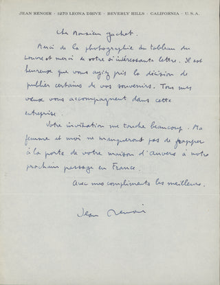 Renoir, Jean. (1894-1979) [Gachet, Paul Louis. (1873-1962)] Autograph Letter