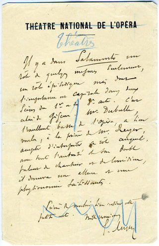 Reyer, Ernest. (1823-1909) Autograph Letter - "There is a role in Salammbo of only a few measures..."