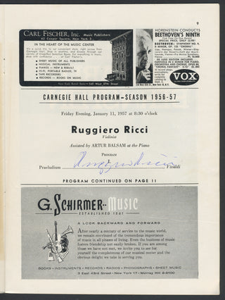 Ricci, Ruggiero. (1918–2012) & Mennin, Peter. (1923–1983) Signed Carnegie Hall Program