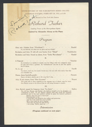 Tucker, Richard. (1913–1975) Signed Program