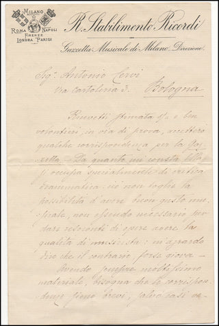 Ricordi, Giulio. (1840-1912) Autograph Letter