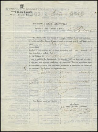 [Ricordi, Giulio. (1840-1912)] 1871 Ricordi Contract