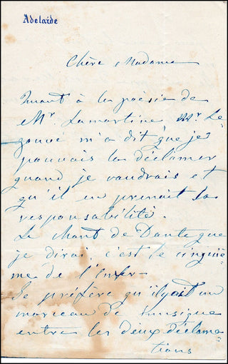 [Viardot, Pauline. (1821 - 1910). Ristori, Adelaide. (1821-1906)  Autograph Letter to Viardot