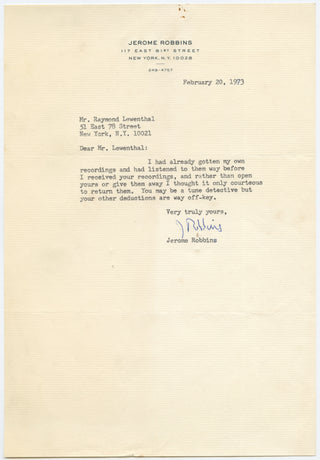 Robbins, Jerome. (1918–1998) Typed Letter Signed to Raymond Lewenthal