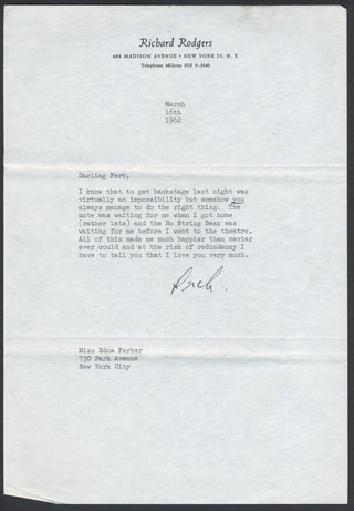 Rodgers, Richard. (1902–1979) [Ferber, Edna. (1885–1965)] Two Typed Letters Signed to Edna Ferber