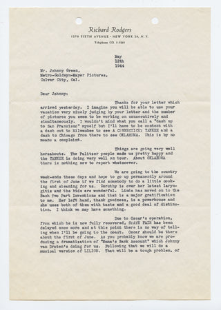 Rodgers, Richard. (1902–1979) [Green, Johnny. (1908–1989)] Typed Letter Signed to Johnny Green