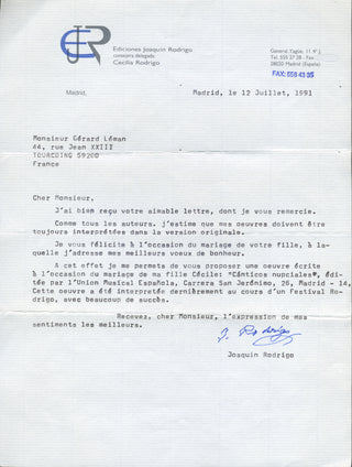 Rodrigo, Joaquín. (1901–1999) Typed Letter Signed - "I believe that my works should always be interpreted in the original version"