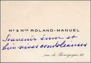 Roland-Manuel, Alexis. (1891 - 1960) Inscribed Visiting Card