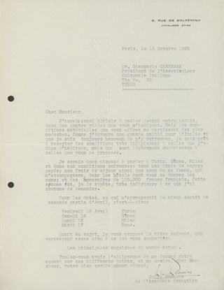 Romains, Jules. (1885–1972) "I am prepared to accept conditions significantly inferior to the sort I have become accustomed to, though somewhat better than those you have proposed" - Collection of Letters Concerning a Speaking Tour in Italy