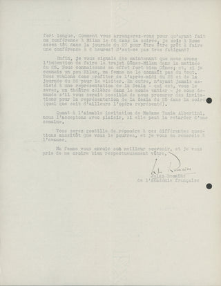 Romains, Jules. (1885–1972) "I am prepared to accept conditions significantly inferior to the sort I have become accustomed to, though somewhat better than those you have proposed" - Collection of Letters Concerning a Speaking Tour in Italy