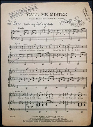 Rome, Harold. (1908–1993) "Call Me Mister" - Signed Advance Copy with Autograph Musical Quotation