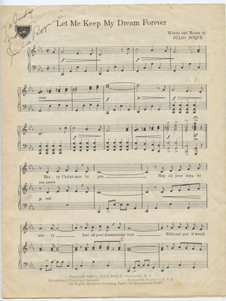 Roqué, Julio. (1896–?) "Let Me Keep My Dream Forever" - Signed Sheet Music