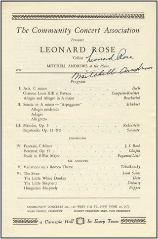 Rose, Leonard. (1918-1984) Signed Recital Program