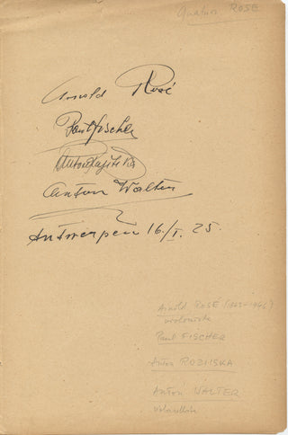 [Rosé Quartet] Rosé, Arnold. (1863–1946) & Fischer, Paul. (1876–1942) & Rusitska, Anton. (1871–1933) & Walter, Anton. (1883–1950) Autograph Signatures, 1925