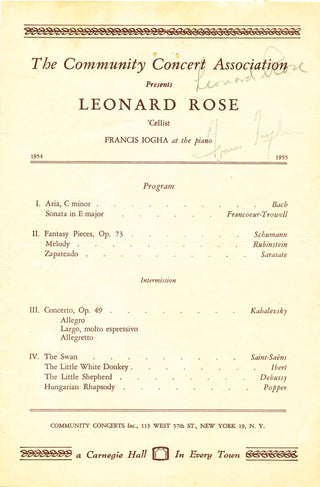 Rose, Leonard. (1918–1984) & Iogha, Francis. Signed Program