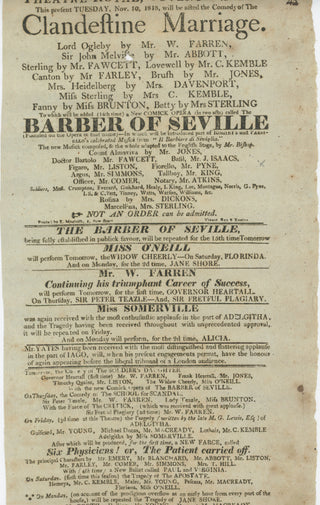 [Rossini, Gioacchino. (1792–1868)] [Paisiello, Giovanni. (1740-1816)] "A New Comick Opera...called 'The Barber of Seville'" - Original 1818 Broadside