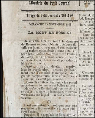 Rossini, Gioacchino. (1792-1868) Printed funeral invitation and Paris Newspaper Obituary