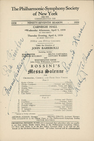 [Rossini, Gioacchino. (1792–1868) ] Ginster, Ria. (1898–1985) & Kullman, Charles. (1903–1983) & Castagna, Bruna. (1905–1983) & Warren, Leonard. (1911–1960) "Messa Solenne" - Signed Program