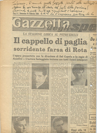 Rota, Nino. (1911–1979) Autograph Note on a Newspaper Review