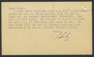 Roth, Philip. (1933–2018) [Cheever, John. (1912–1982)] Typed Postcard Signed to John Cheever - "My new book will be out in March, and now I'm pretending to write stories while I wait."