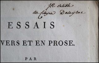 Rouget de Lisle, Claude. 1760-1836) [Dalayrac, Nicolas. (1753 - 1809)] FIRST EDITION OF THE MARSEILLAISE [Essais en vers et en prose] - INSCRIBED TO DALAYRAC