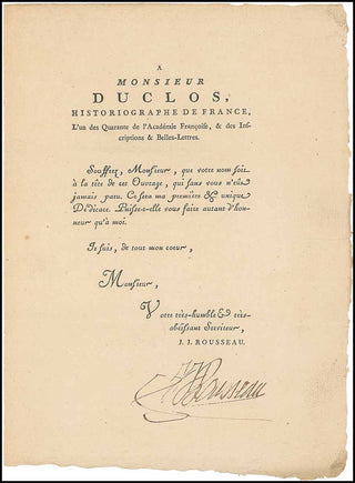 [Querelle des Bouffons] Rousseau, Jean Jacques. (1712 - 1778) Signed Letter of Dedication of "Le Devin du Village"