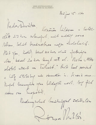 Rózsa, Miklós. (1907–1995) [Kodály, Zoltán. (1882–1967)] "Kodály, after a wife about 100 years old, has taken a 20-year old as a wife" — Autograph Letter Signed