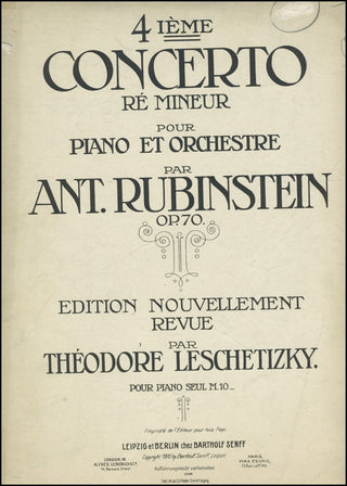 Rubinstein, Anton. (1829–1894) 4me. Concerto (Re Mineur) pour Piano et Orchestre. Op. 70 .