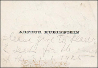 Rubinstein, Arthur. (1887–1982) Signed Visiting Card/Ticket