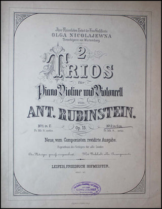 Rubinstein, Anton. (1829–1894) 2 Trios für Piano, Violine und Violoncell. Op. 15. No. 2. in Gm. Neue, vom Komponisten revid. Ausgabe. [Op. 15, No. 2]