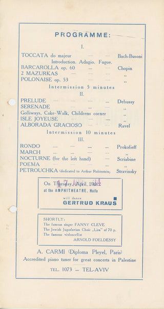 Rubinstein, Arthur. (1887–1982) 1934 Recital in Haifa - Original Flyer and Program