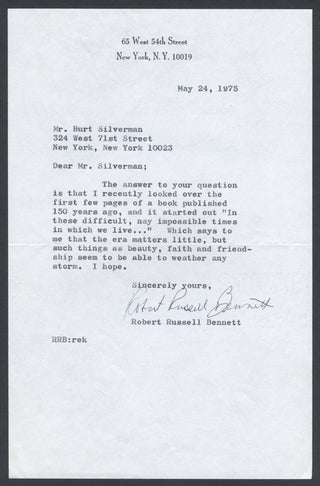 Bennett, Robert Russell. (1894–1981) "Beauty, faith and friendship seem to be able to weather any storm" - Typed Letter Signed