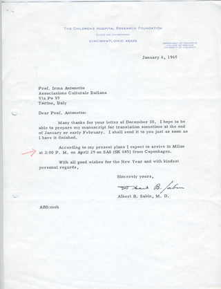 [Vaccine] Sabin, Albert. (1906–1993) Typed Letter Signed