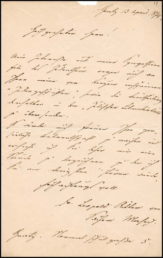 [Literature &amp; Art] Sacher-Masoch, Leopold Ritter von. (1835 - 95) Autograph Letter expressing his "sympathies for Judaism"