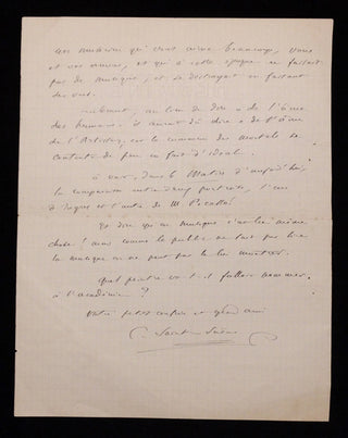 Saint-Saëns, Camille. (1835-1921) "That is the agony of true artists" - Autograph Letter