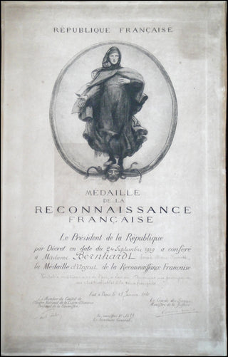 [Belle Époque] Bernhardt, Sarah. (1844-1923) Engraved 1920 Diploma from the Médaille de la Reconnaissance Française