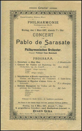 Sarasate, Pablo de. (1844–1908) Original 1897 Program