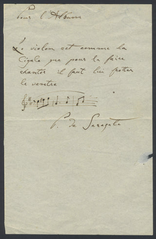 Sarasate, Pablo de. (1844–1908) "The violin is like the cicada..." - Autograph Musical Quotation with Inscription