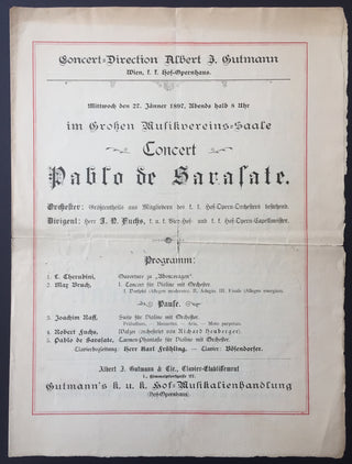 Sarasate, Pablo de. (1844–1908) Original 1897 Concert Program including Carmen Fantasy