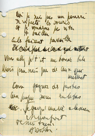 Sartre, Jean-Paul. (1905–1980) "I'm not a bastard" - Autograph Poem