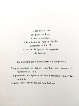 Satie, Erik. (1866-1925)  Relâche. Ballet instantanéiste en deux actes, un entr'acte cinématographique, et “la queue du chien”. Scénario et décors de Francis Picabia. Cinématographie de René Clair.