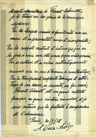 Schmitt, Florent. (1870–1958) Important Collection of Biographical Material and Ephemera, including an Autograph Musical Manuscript, Letters, Photographs, and drafts for an important Biography of the Composer