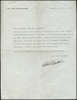 Schnabel, Artur. (1882-1951) Typed Letter